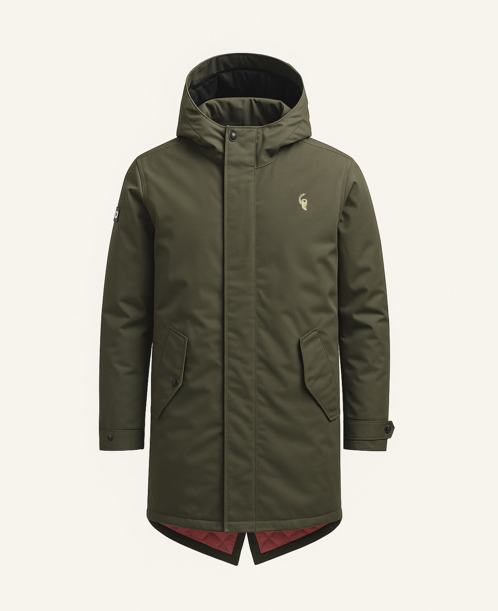 Parka verde kaki con forro rojo